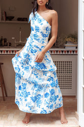 Floral Print One Shoulder Ribbon Layered Hem Garden Party Wedding Guest Maxi Dresses - Blue